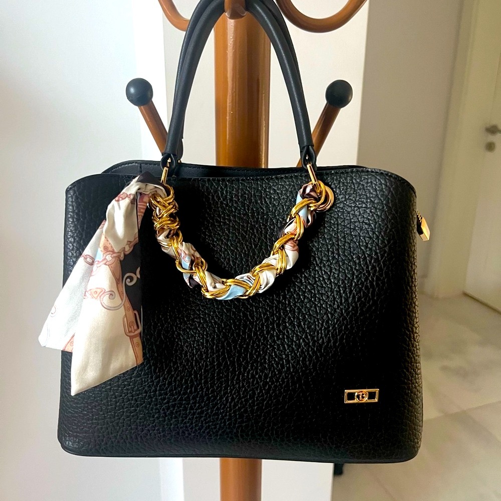 Elegant Black Textured Handbag with Scarf Accent